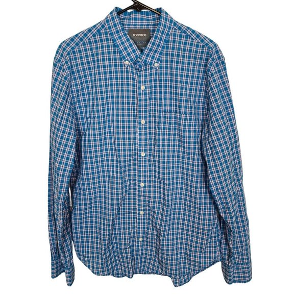 Bonobos Mens L Blue Plaid Long Sleeves Slim Fit Button Down Shirt Pocket - Picture 1 of 8